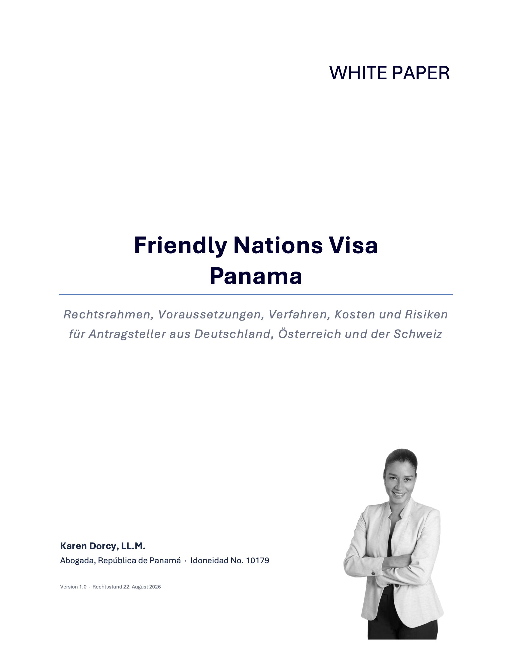 Titelseite des Whitepapers zum Friendly Nations Visa Panama von Karen Dorcy, Abogada, Idoneidad Nr. 10179